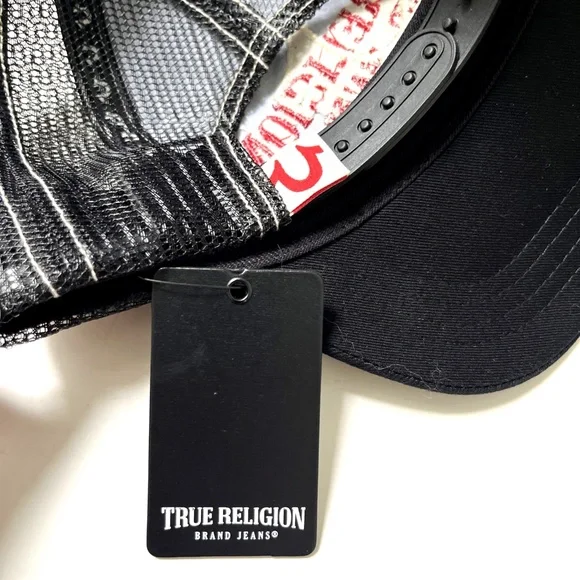NWT Original TRUE RELIGION Trucker Baseball Cap Embroidered Black Stitched Mesh